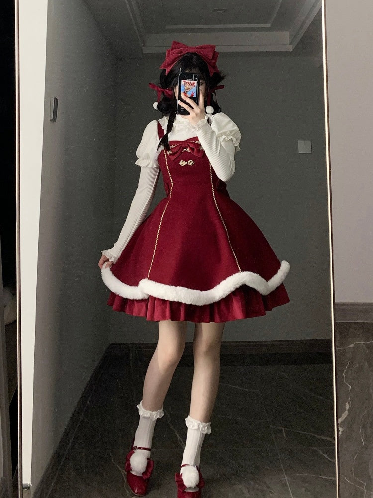 New Year Red and White Plush Trim Flounce Hemline Jumper Skirt