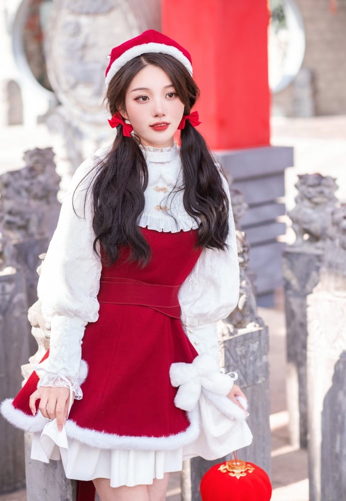 New Year Red and White Plush Bowknot Slit Side Hem Jumper Skirt