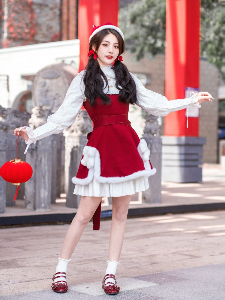 New Year Red and White Plush Bowknot Slit Side Hem Jumper Skirt