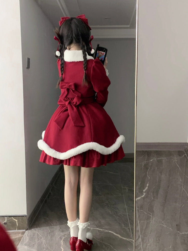 New Year Red and White Plush Trim Flounce Hemline Jumper Skirt