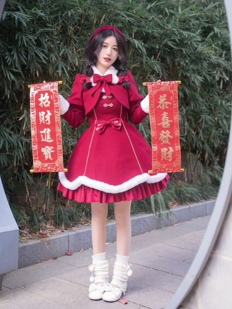 New Year Red and White Plush Trim Flounce Hemline Jumper Skirt