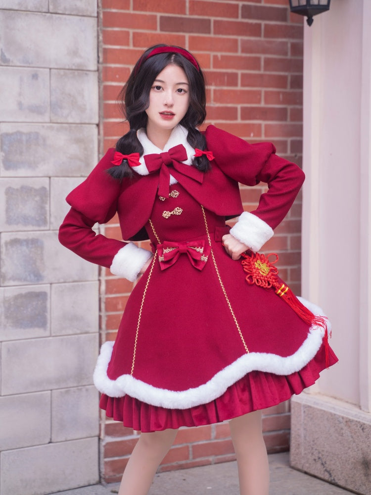 New Year Red and White Plush Trim Flounce Hemline Jumper Skirt