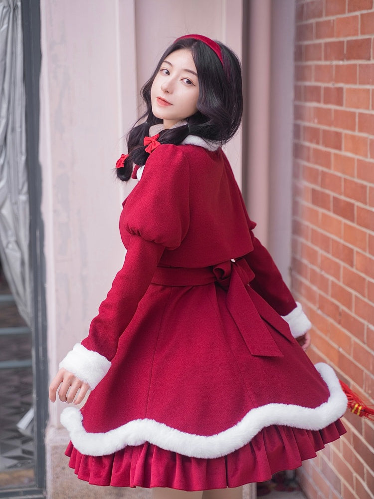New Year Red and White Plush Trim Flounce Hemline Jumper Skirt