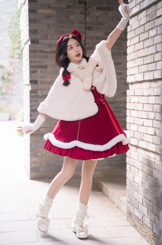 New Year Red and White Plush Trim Flounce Hemline Jumper Skirt