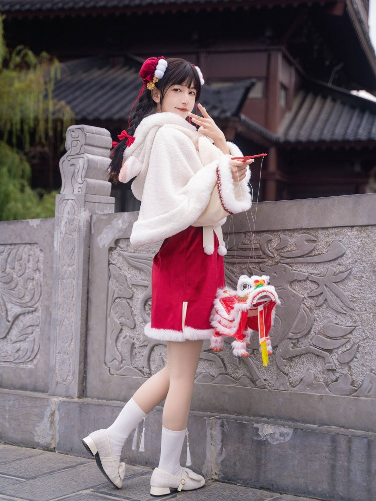 New Year Red Plush Cheongsam Collar Gold Embroidery Bodice Chi-pao