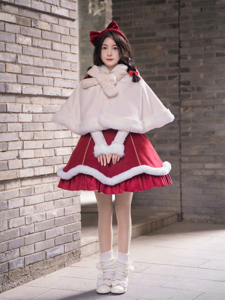 New Year Red and White Plush Trim Flounce Hemline Jumper Skirt