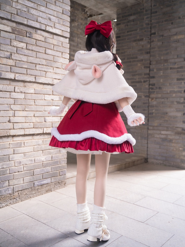 New Year Red and White Plush Trim Flounce Hemline Jumper Skirt