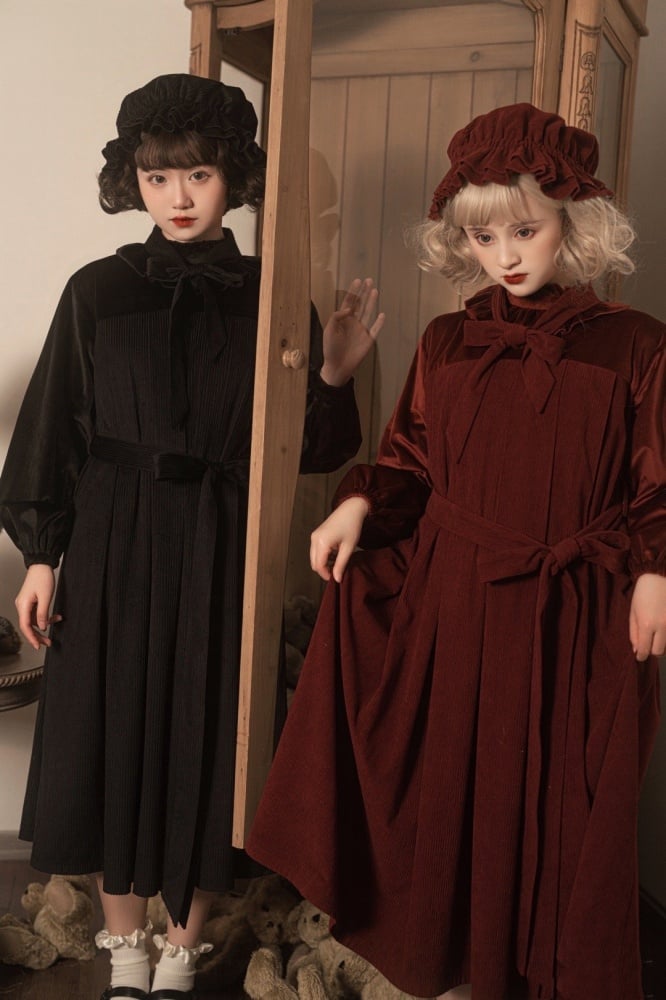 Winona Red/Black Velvet and Corduroy Ruffle Neckline Long Balloon Sleeves One Piece