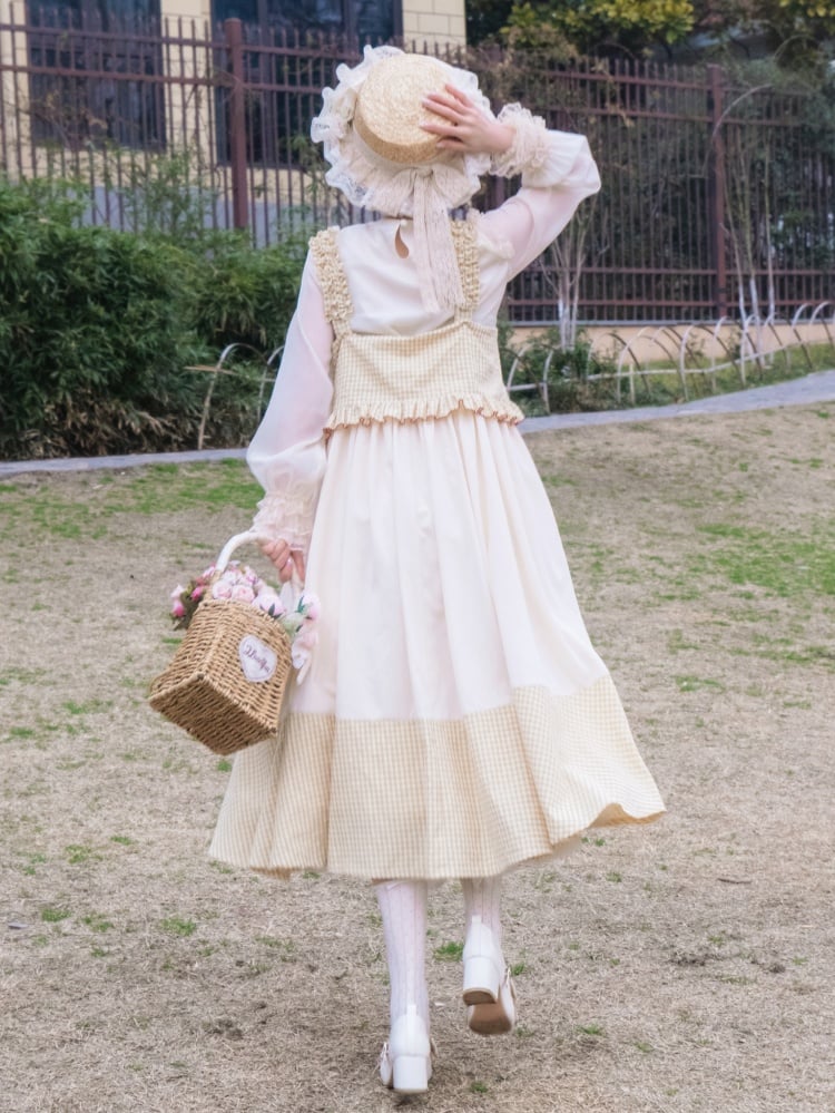 Light Yellow Plaid Pattern Jumper Skirt Lily of the Valley Embroidery