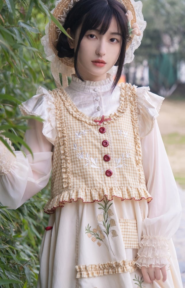 Light Yellow Plaid Pattern Jumper Skirt Lily of the Valley Embroidery