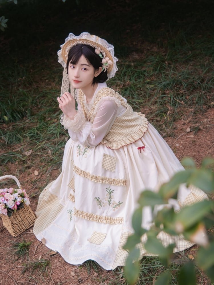 Light Yellow Plaid Pattern Jumper Skirt Lily of the Valley Embroidery