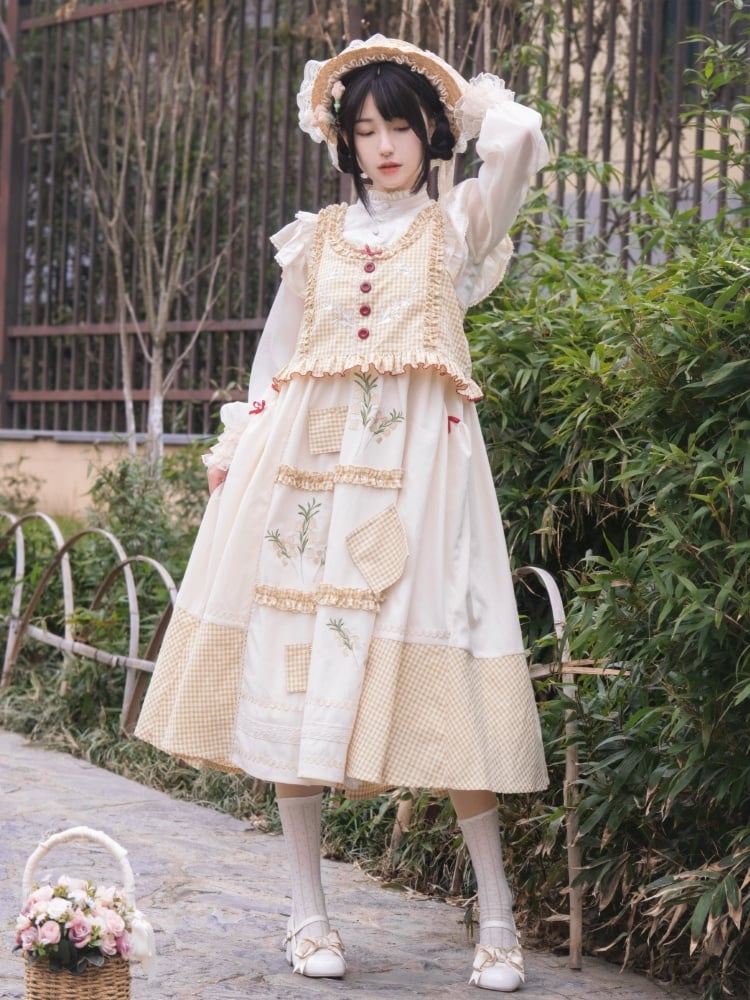 Light Yellow Plaid Pattern Jumper Skirt Lily of the Valley Embroidery