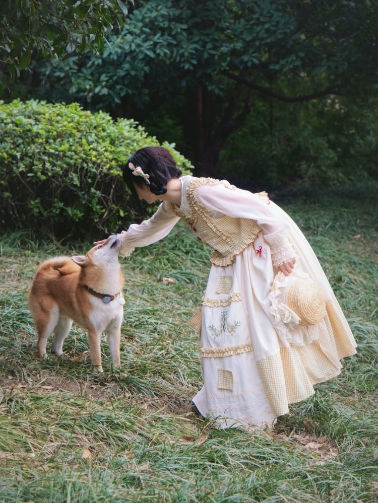 Light Yellow Plaid Pattern Jumper Skirt Lily of the Valley Embroidery
