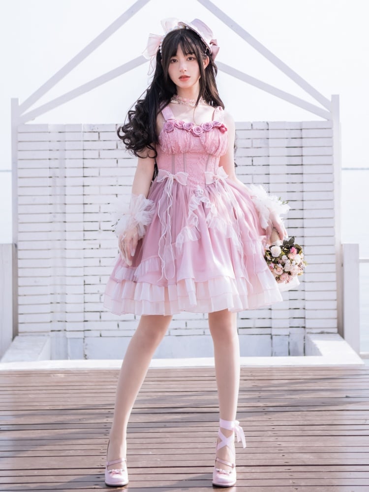 Pink Roses Neckline Vintage Corset Waist Dress