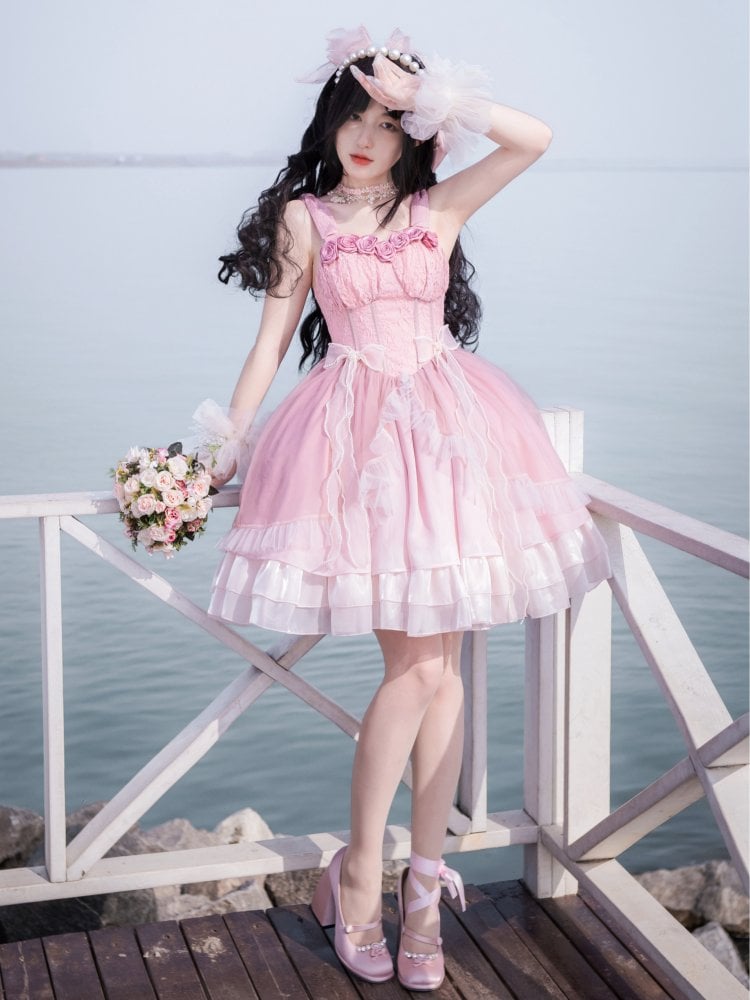 Pink Roses Neckline Vintage Corset Waist Dress