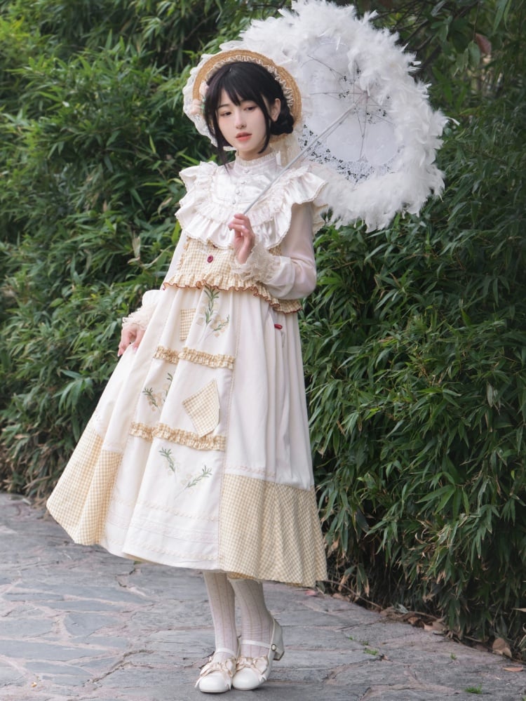 Light Yellow Plaid Pattern Jumper Skirt Lily of the Valley Embroidery