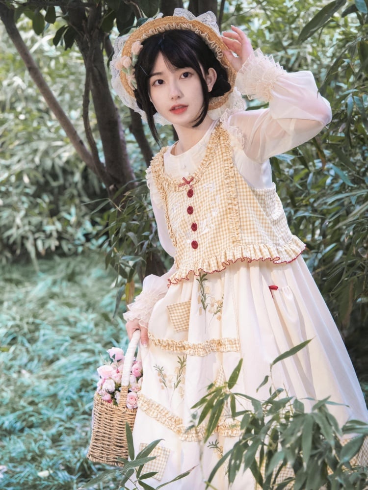 Light Yellow Plaid Pattern Jumper Skirt Lily of the Valley Embroidery