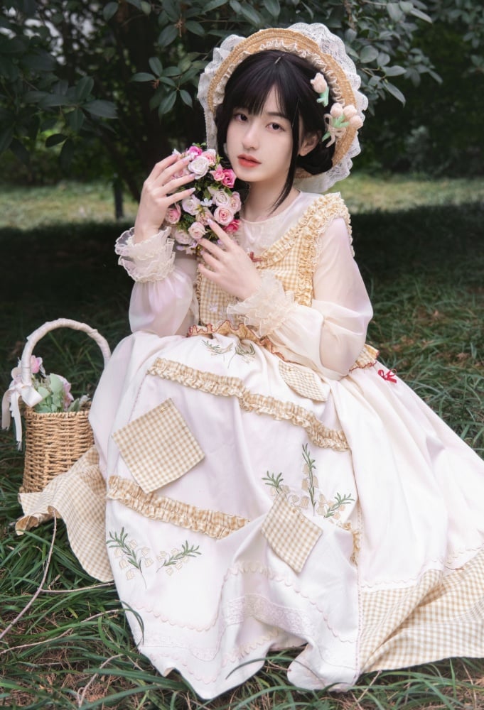 Light Yellow Plaid Pattern Jumper Skirt Lily of the Valley Embroidery