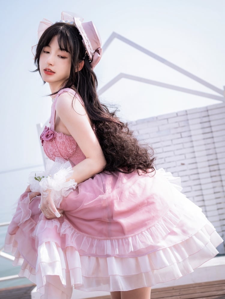 Pink Roses Neckline Vintage Corset Waist Dress