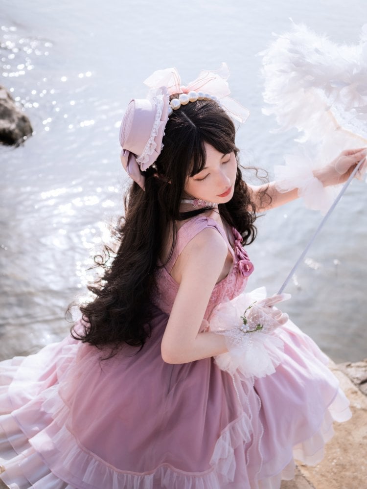 Pink Roses Neckline Vintage Corset Waist Dress