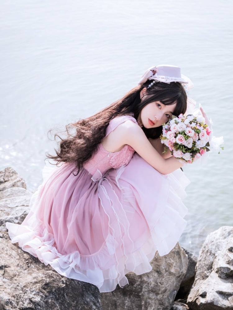 Pink Roses Neckline Vintage Corset Waist Dress