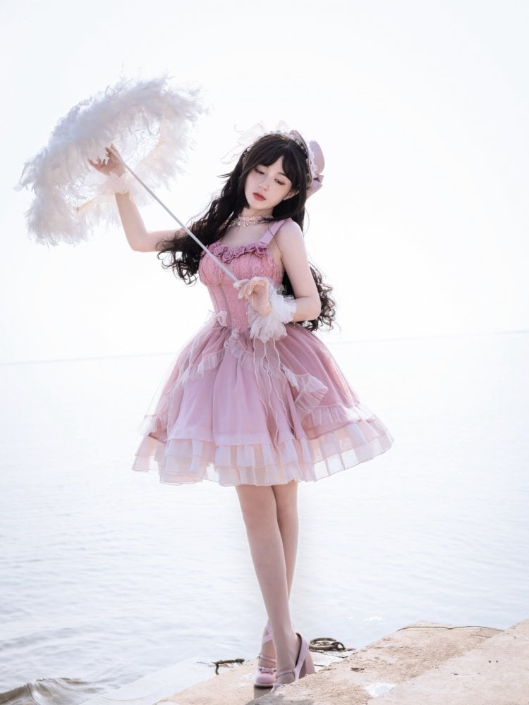 Pink Roses Neckline Vintage Corset Waist Dress