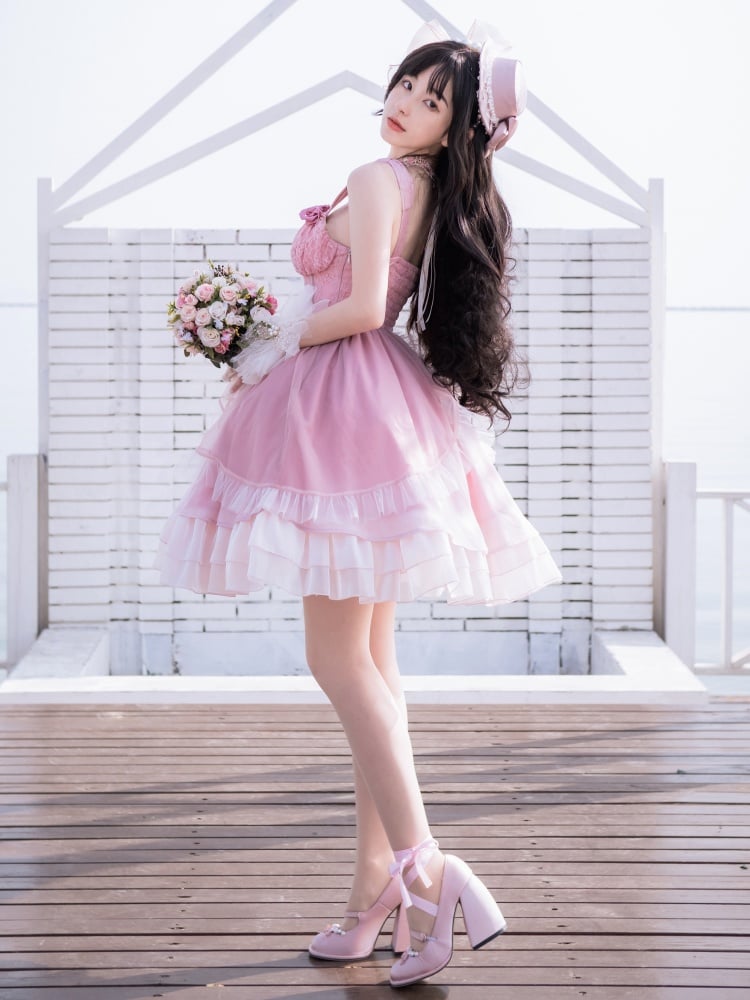 Pink Roses Neckline Vintage Corset Waist Dress