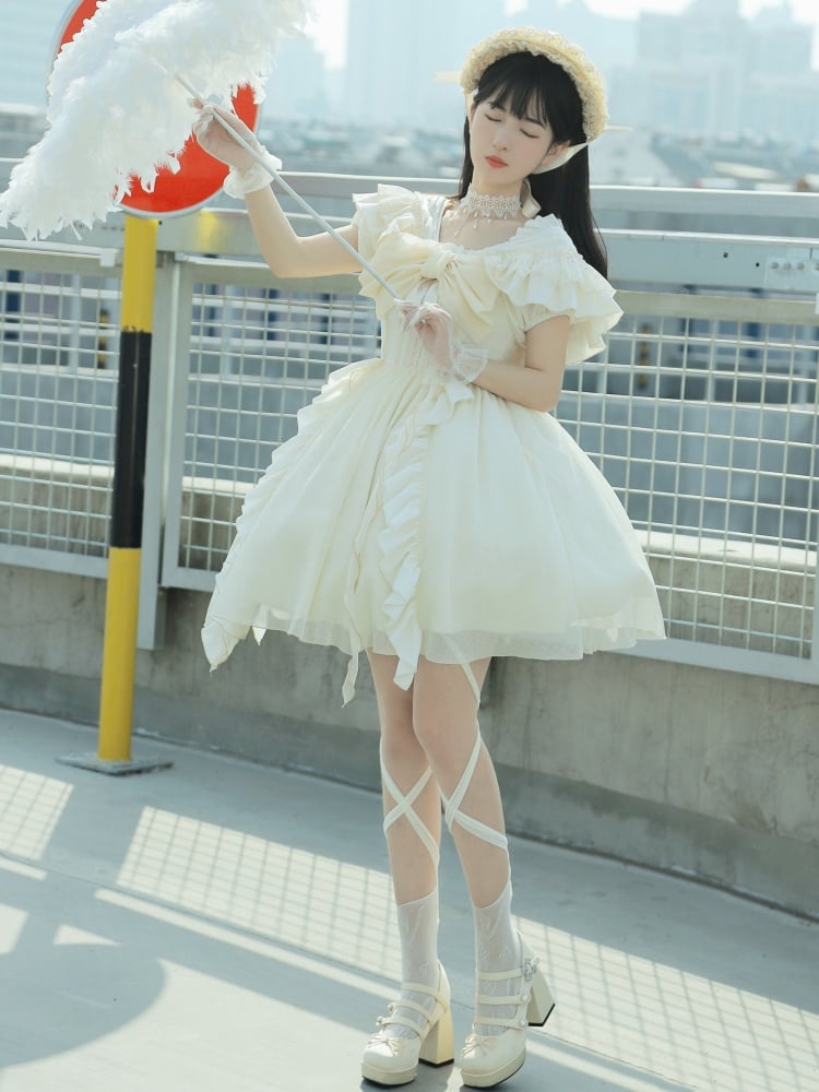 Light Yellow Big Bowknot Elastic Neckline One Piece