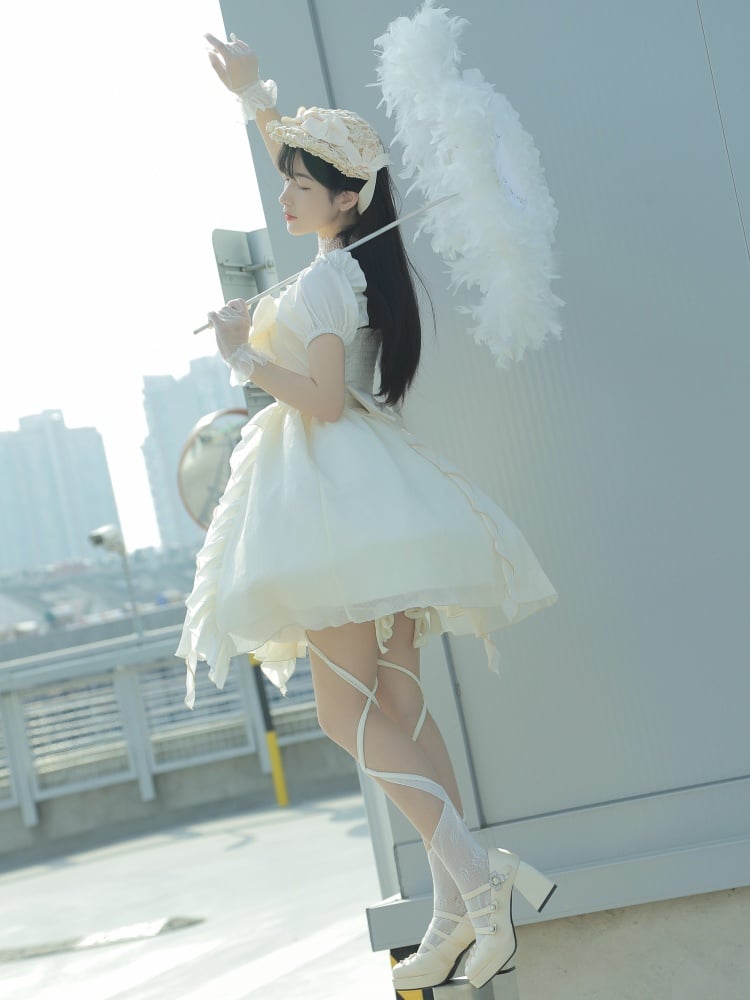 Light Yellow Big Bowknot Elastic Neckline One Piece