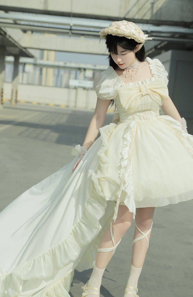 Light Yellow Big Bowknot Elastic Neckline One Piece