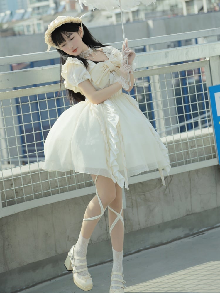 Light Yellow Big Bowknot Elastic Neckline One Piece