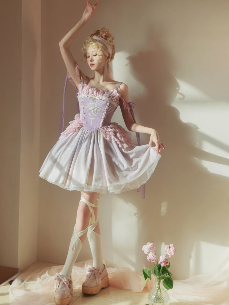 Thin Shoulder Straps Purple Ballet Ruffles Neckline Jumper Skirt