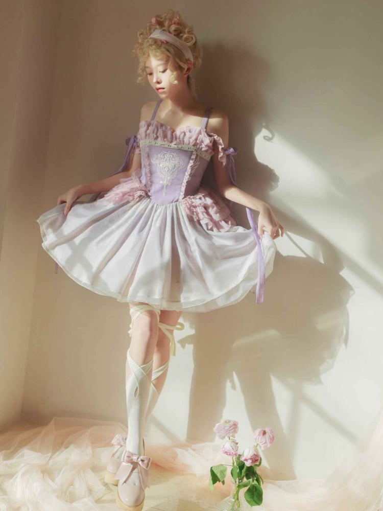 Thin Shoulder Straps Purple Ballet Ruffles Neckline Jumper Skirt