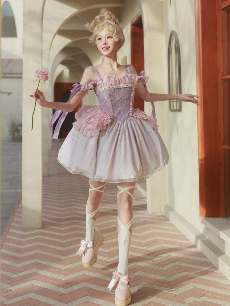 Thin Shoulder Straps Purple Ballet Ruffles Neckline Jumper Skirt