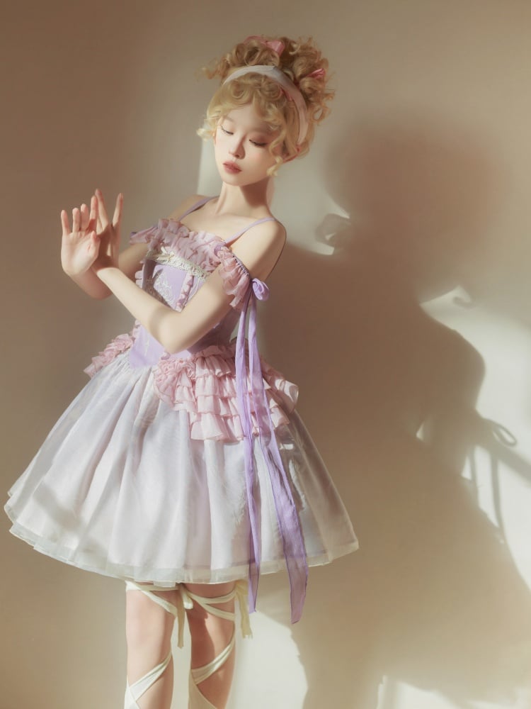 Thin Shoulder Straps Purple Ballet Ruffles Neckline Jumper Skirt