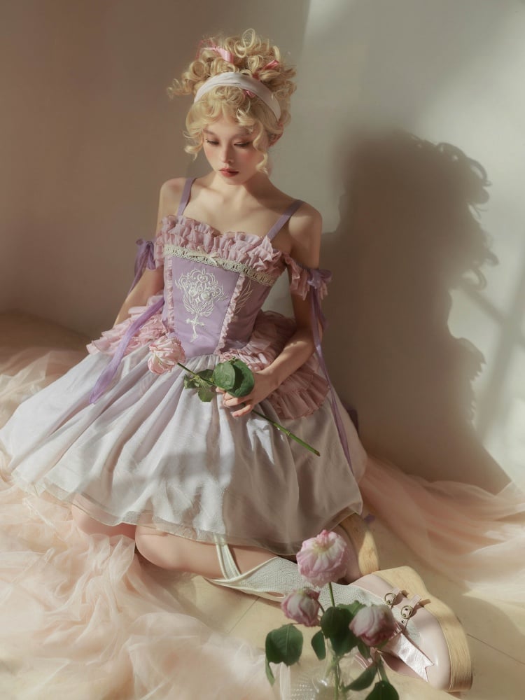 Thin Shoulder Straps Purple Ballet Ruffles Neckline Jumper Skirt