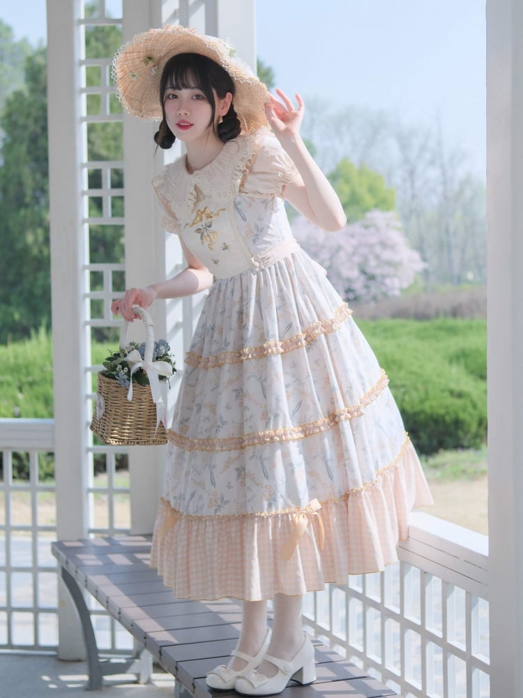 Light Orange Floral Print Jumper Skirt Plaid Pattern Hemline