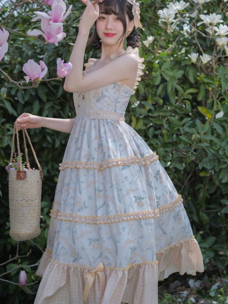 Light Orange Floral Print Jumper Skirt Plaid Pattern Hemline