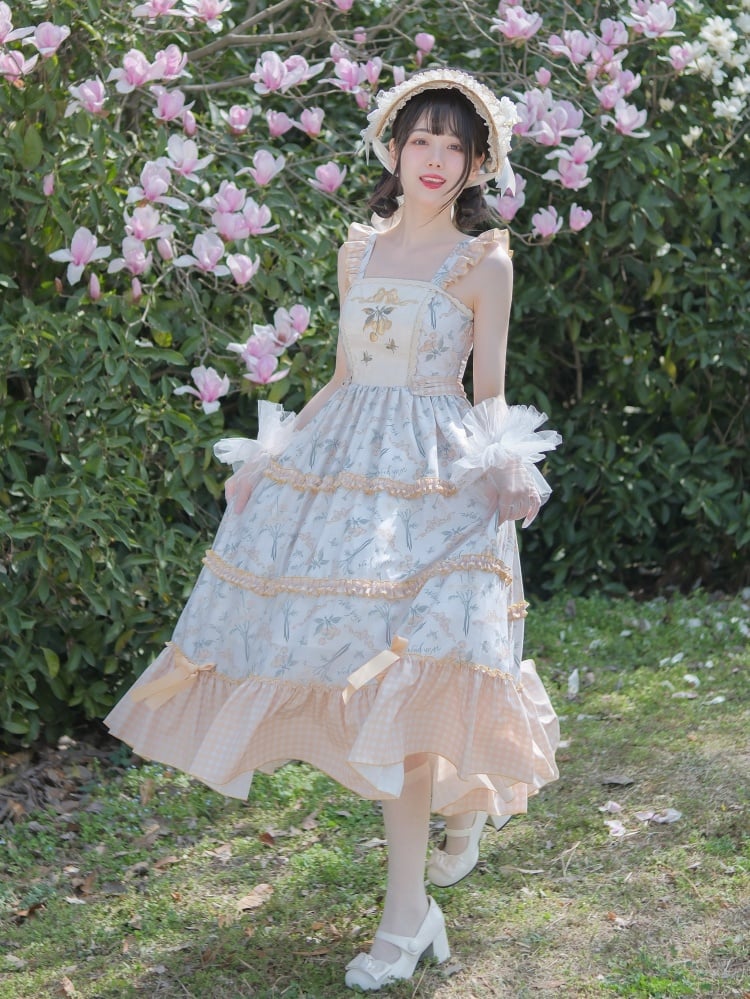 Light Orange Floral Print Jumper Skirt Plaid Pattern Hemline