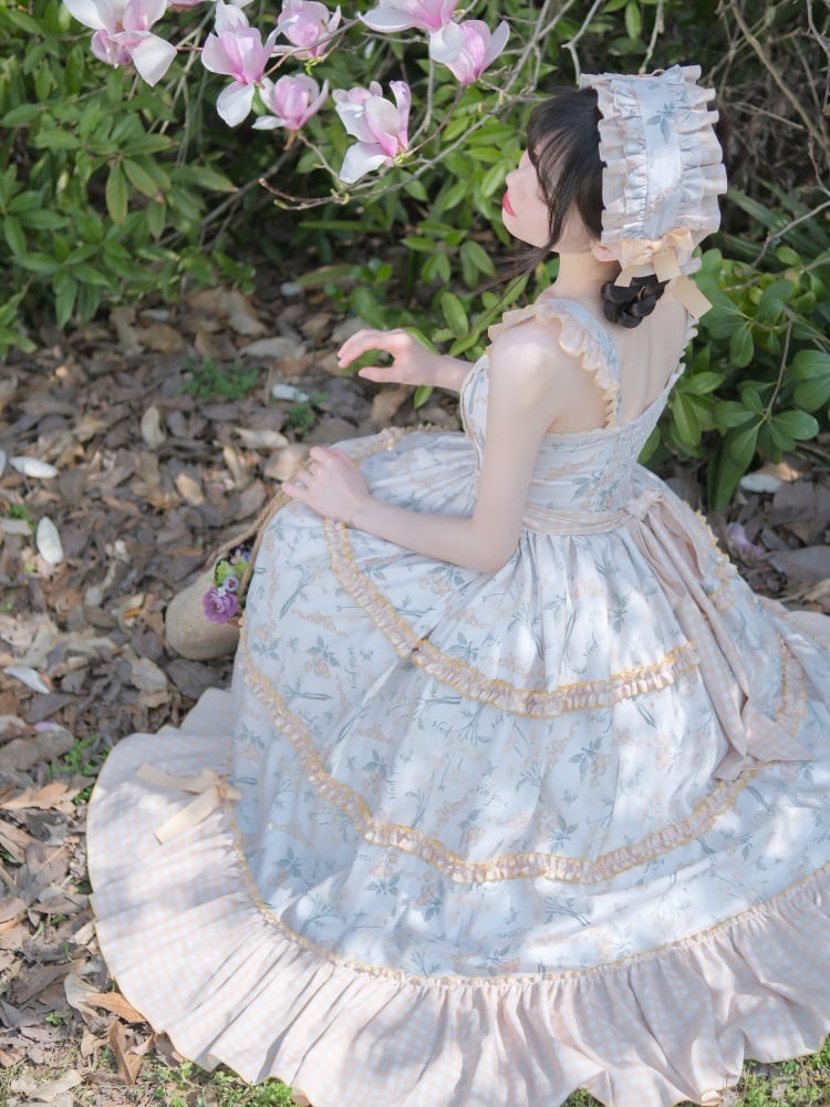 Light Orange Floral Print Jumper Skirt Plaid Pattern Hemline