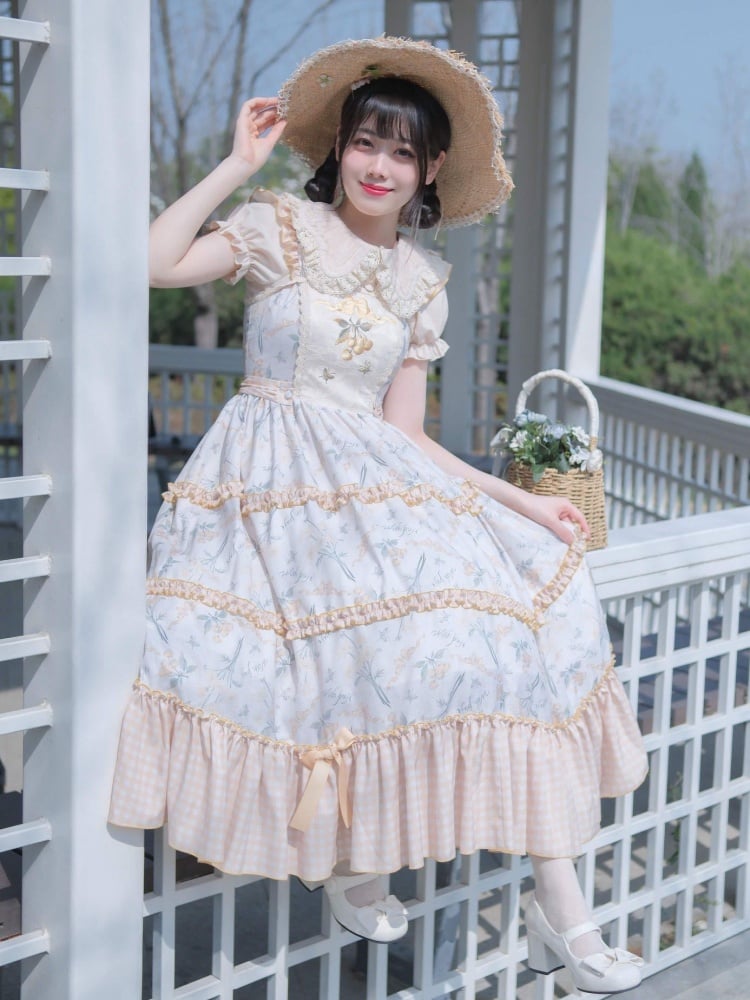 Light Orange Floral Print Jumper Skirt Plaid Pattern Hemline