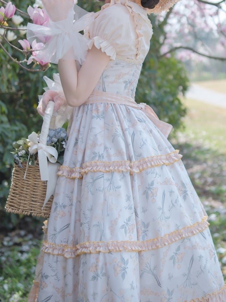 Light Orange Floral Print Jumper Skirt Plaid Pattern Hemline