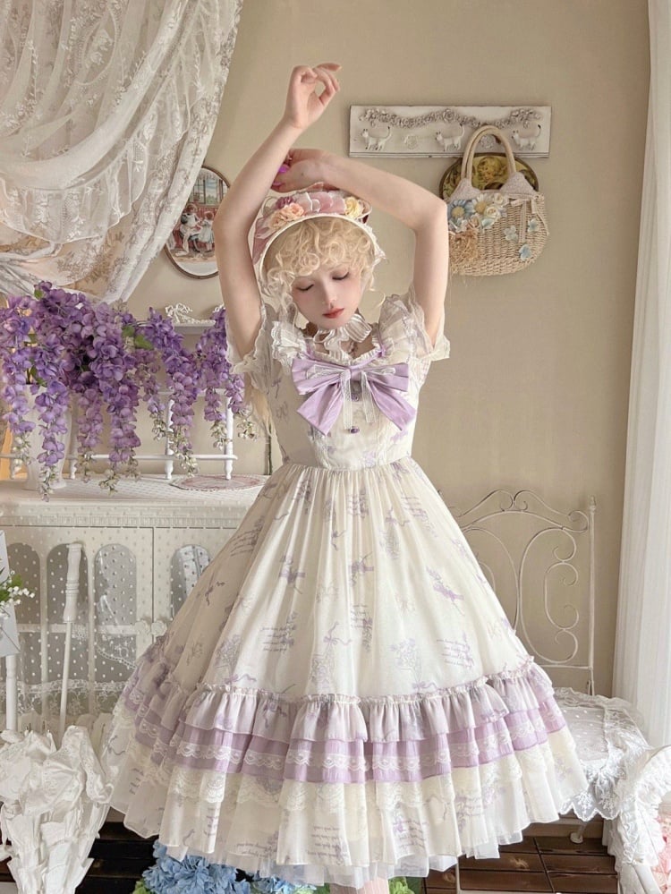 White and Purple Bluebell Print Square Neckline One Piece