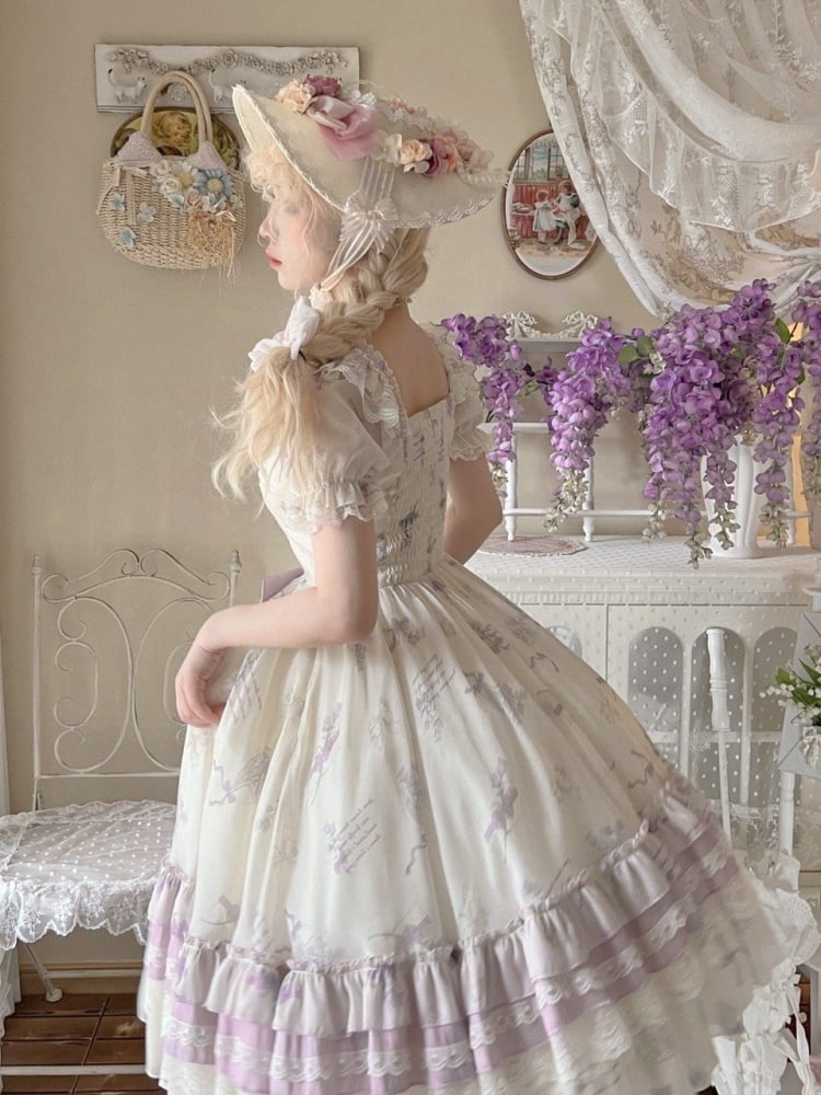 White and Purple Bluebell Print Square Neckline One Piece