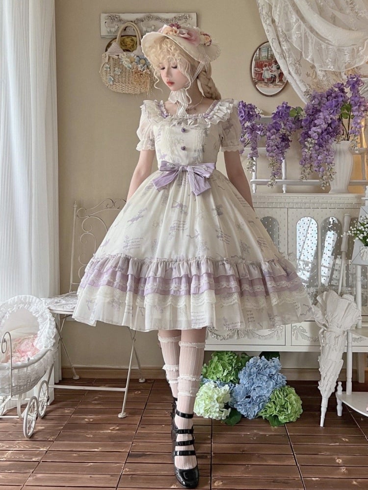 White and Purple Bluebell Print Square Neckline One Piece