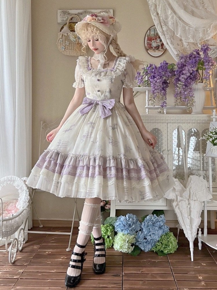 White and Purple Bluebell Print Square Neckline One Piece