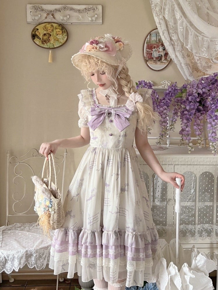 White and Purple Bluebell Print Square Neckline One Piece