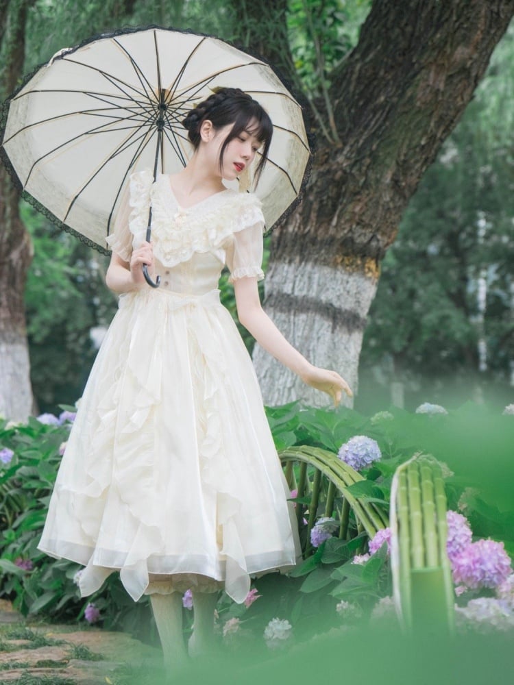 Ruffles V-neck Dress Beige Cascading Ruffle Trim One Piece