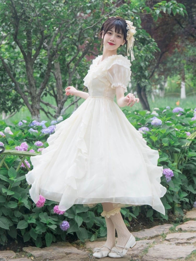 Ruffles V-neck Dress Beige Cascading Ruffle Trim One Piece