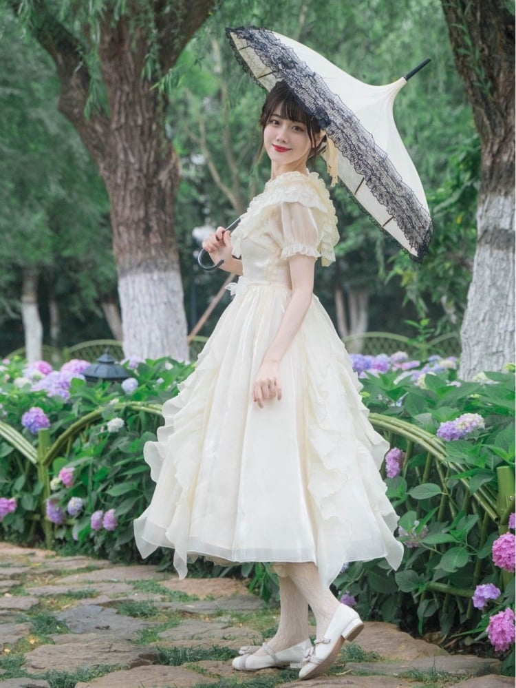 Ruffles V-neck Dress Beige Cascading Ruffle Trim One Piece